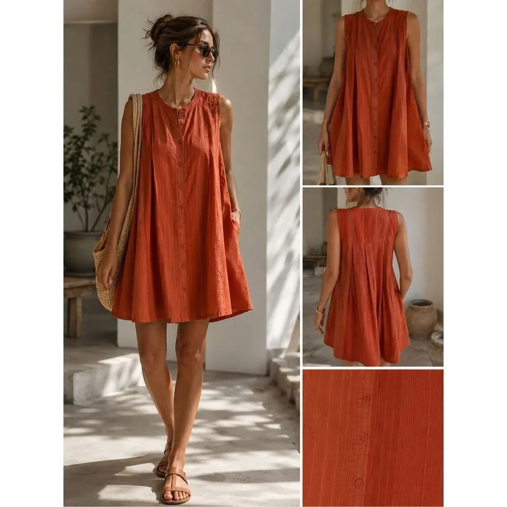 Japanese Uniqlo 100% Cotton Pocket Dress Orange Size 12 Relaxed Midi Rare